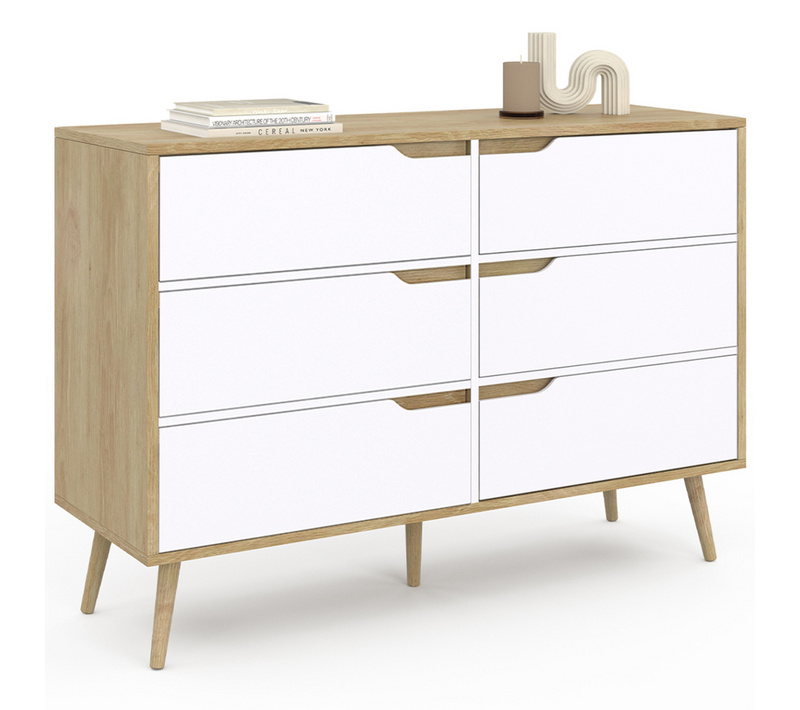 Commode 6 Tiroirs Helsinki 115 Cm Scandinave Bois Et Blanc