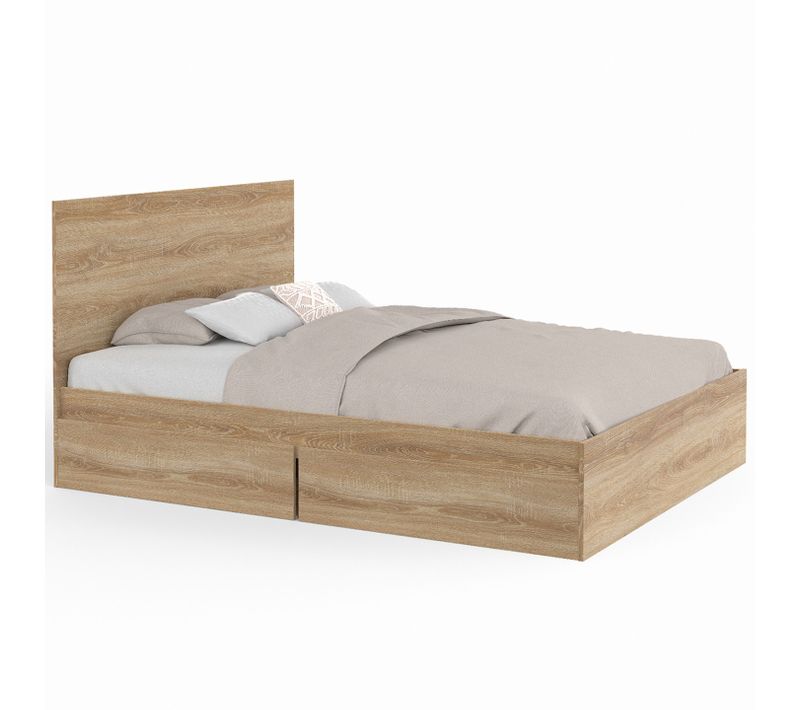 Lit Double Omaha 4 Tiroirs Sur Roulettes Avec Tête De Lit Et Sommier 140 X 190 Cm Façon Hêtre