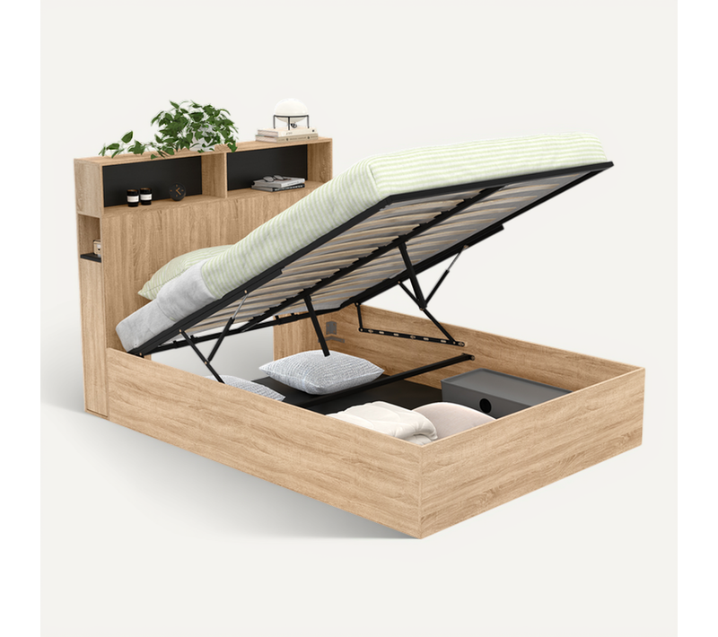 Lit Coffre Double Clyde Avec Tête De Lit + Rangements Et Sommier 140 X 190 Cm Façon Hêtre Et Noir