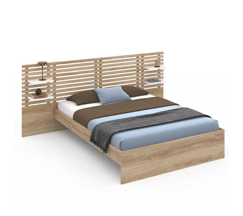 Lit Double Amalia Avec Tête De Lit, Étagères Suspendues Et Sommier 140 X 190 Cm Hêtre Et Blanc