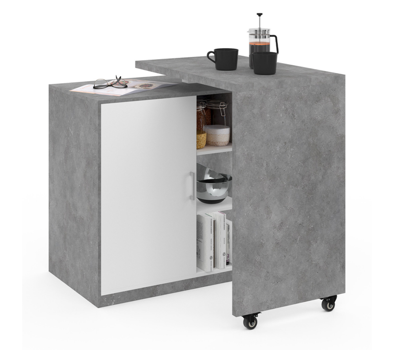 Ilot Rotatif Polo Meuble De Bar Pivotant 2 En 1 Imitation Béton Porte Blanche