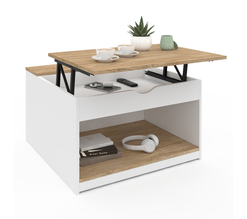 Table Basse Plateau Relevable Carrée Elea Avec Coffre Bois Blanc Et Façon Hêtre