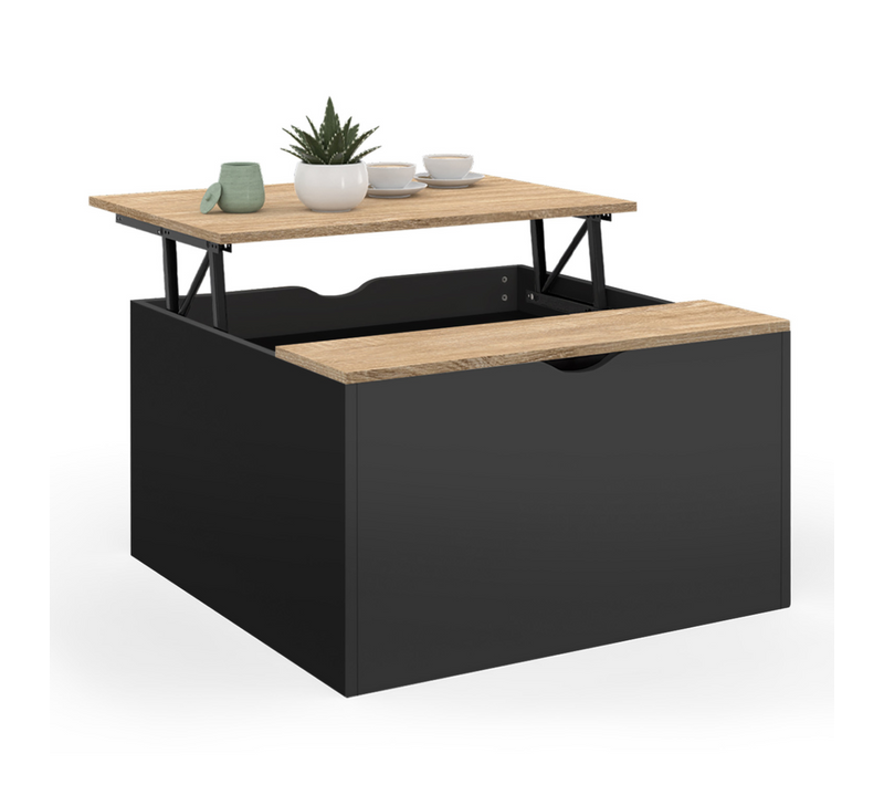 Table Basse Plateau Relevable Carrée Elea Avec Coffre Bois Noir Et Façon Hêtre