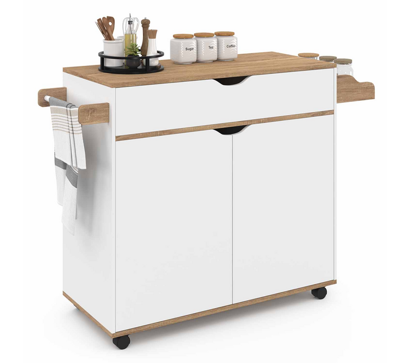 Desserte De Cuisine Cosy XXL Placard Avec Tiroir Blanc Et Plateaux Façon Hêtre L.90 Cm