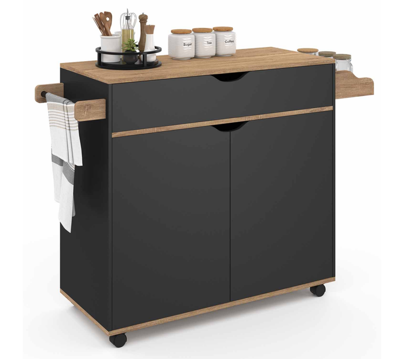 Desserte De Cuisine Cosy XXL Placard Avec Tiroir Noir Et Plateaux Façon Hêtre L.90 Cm