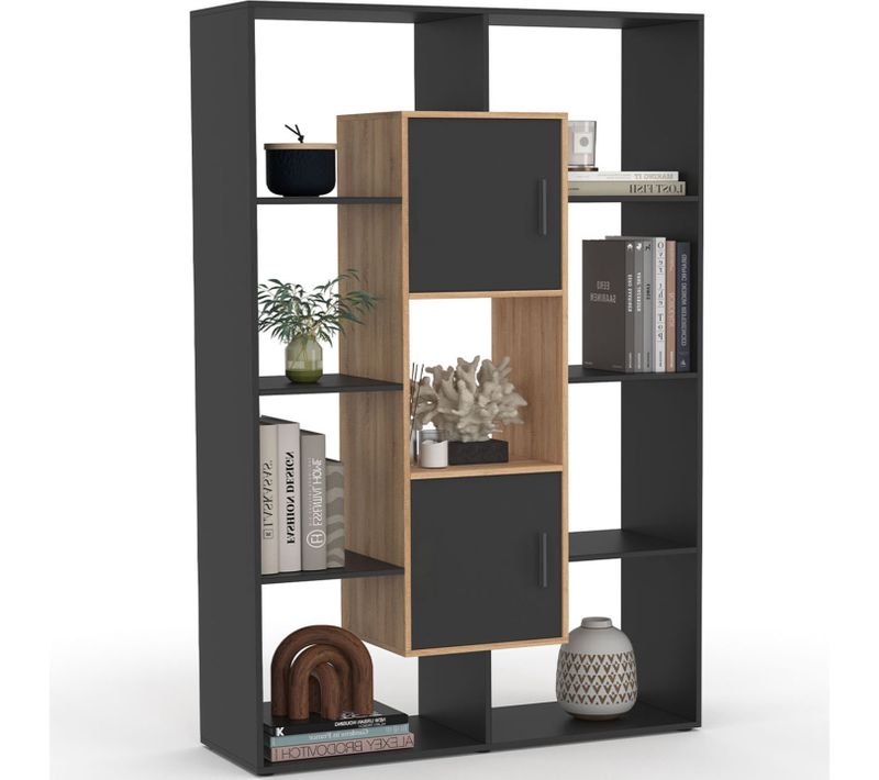 Etagère Bibliothèque Colette Avec 11 Compartiments Et 2 Cases Noir Et Effet Bois 143 Cm