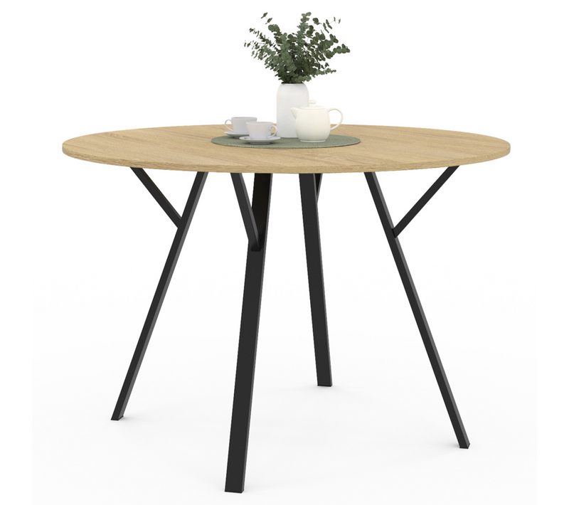 Table à Manger Fixe Ronde Yseult 4-6 Personnes Bois Et Noir Design Industriel 110 Cm