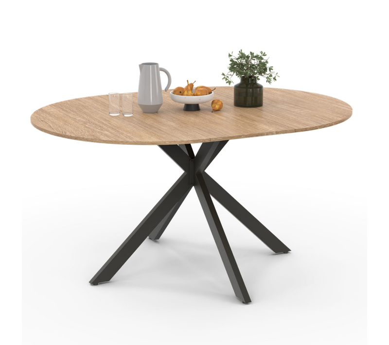 Table à Manger Extensible Ronde Alix 4-8 Personnes Pied Araignée Bois Et Noir 110-150 Cm
