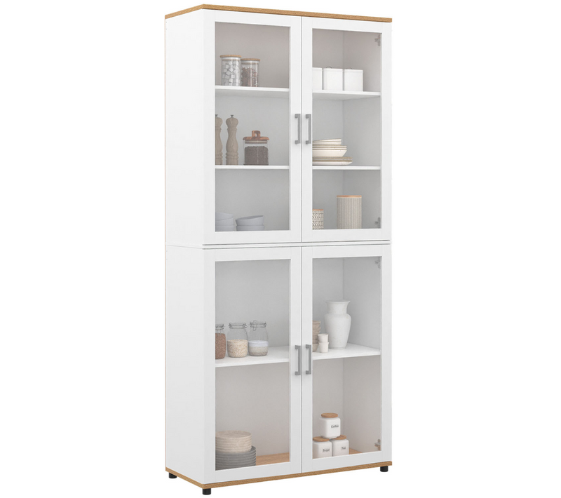 Vitrine Buffet Haut H. 176 Cm Vaisselier Vito 4 Portes Vitrées Blanc Et Bois