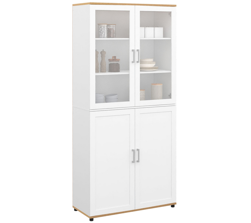 Vitrine Buffet Haut H. 176 Cm Vaisselier Vito 4 Portes Blanc Et Bois