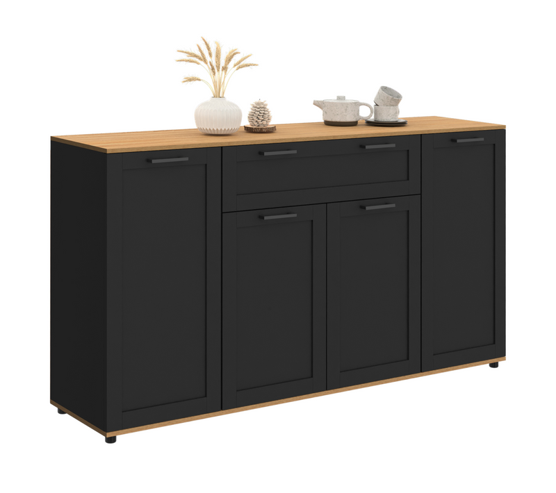Buffet 140 Cm Vito 4 Portes Et 1 Tiroir Noir Et Bois