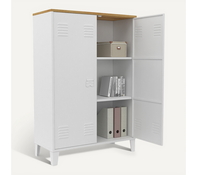 Armoire Basse Ester 2 Portes Métal Blanc Et Plateau Bois Design Industriel