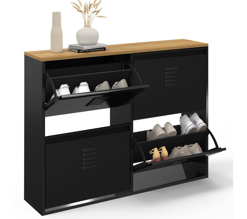 Meuble à Chaussures 20 Paires Ester 4 Portes Métal Noir Et Plateau Façon Hêtre Design Industriel