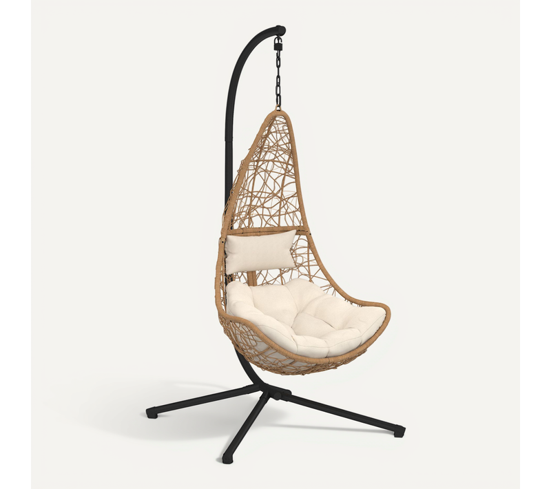 Fauteuil Demi-lune Suspendu Ajouré Effet Rotin Avec Coussin écru