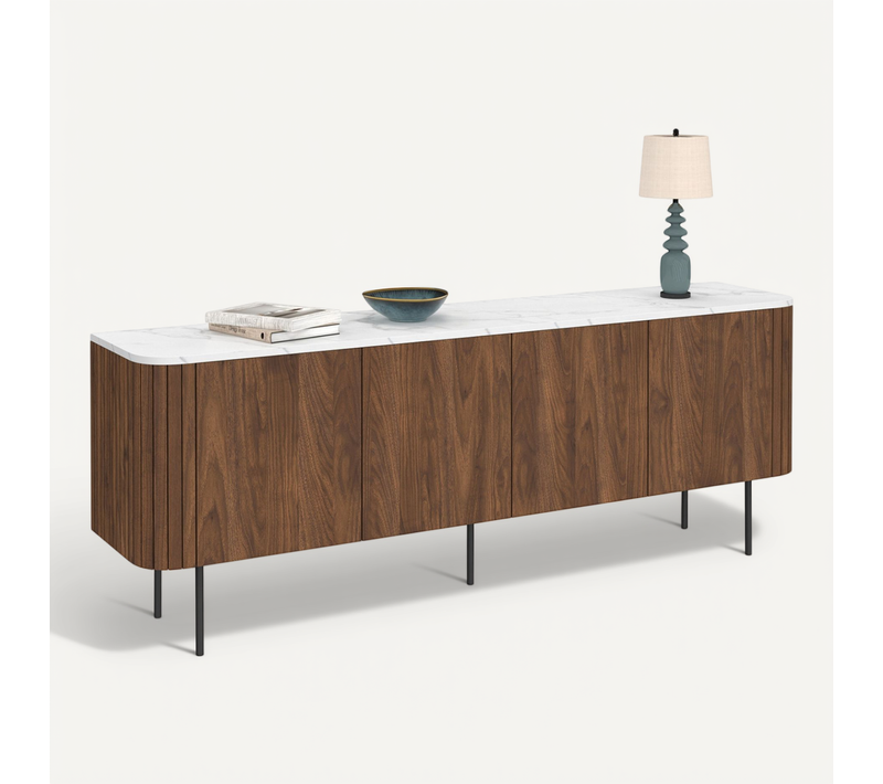 Buffet Bas 160 Cm Marla 4 Portes Effet Noyer Et Lattes Et Plateau Marbre Blanc Alaska