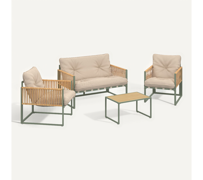 Salon De Jardin Bas Rio 4 Places Structure Métal Vert, Cordage Effet Rotin Clair Et Coussins Beige