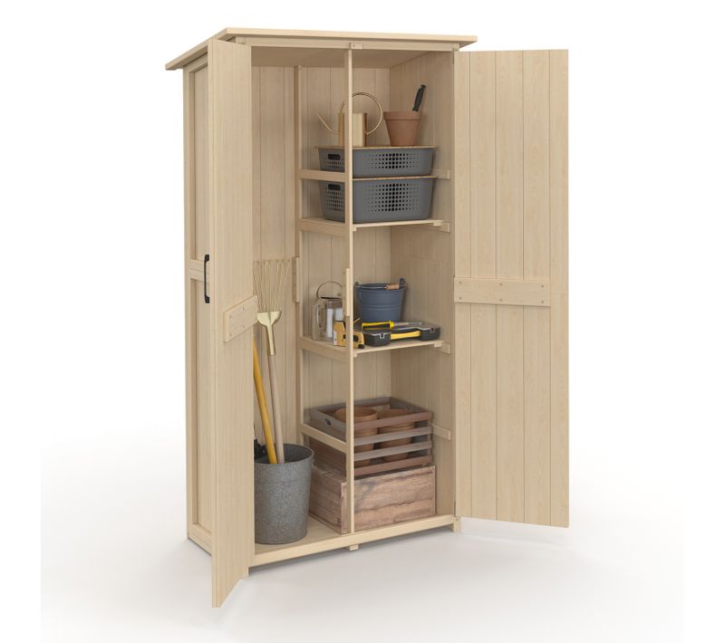 Armoire De Jardin En Bois 90 X 50 X 160 Cm Avec Toit Incliné Double Porte Et étagères