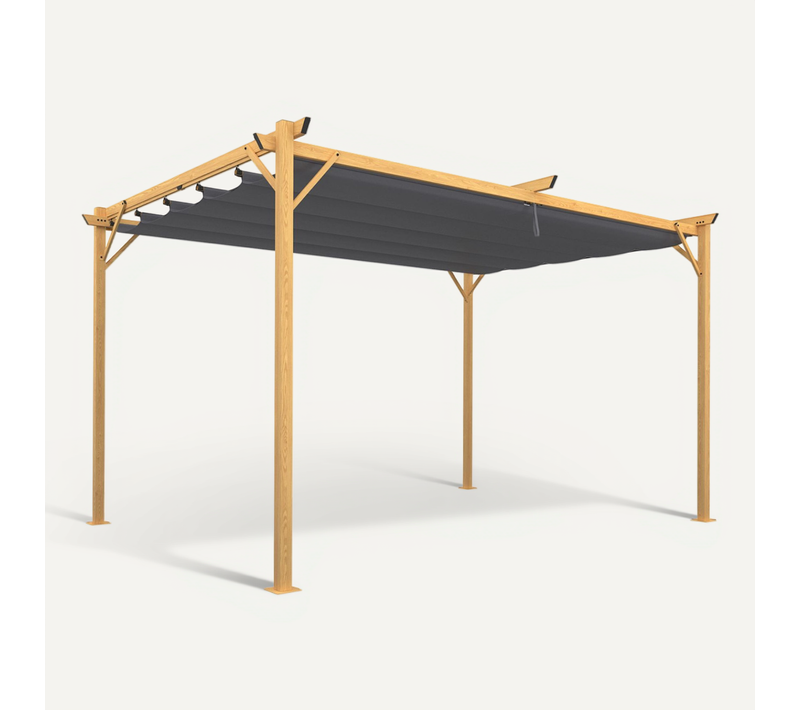 Pergola Toit Rétractable 4 Pieds 3x4 M Tonnelle Effet Bois Toile Gris Anthracite