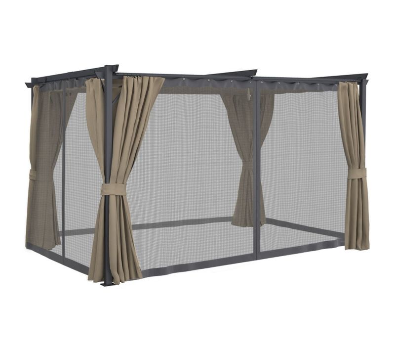 Pergola Édition Intégrale Moustiquaire Toit Rétractable 3x4 M Et 4 Rideaux Taupe
