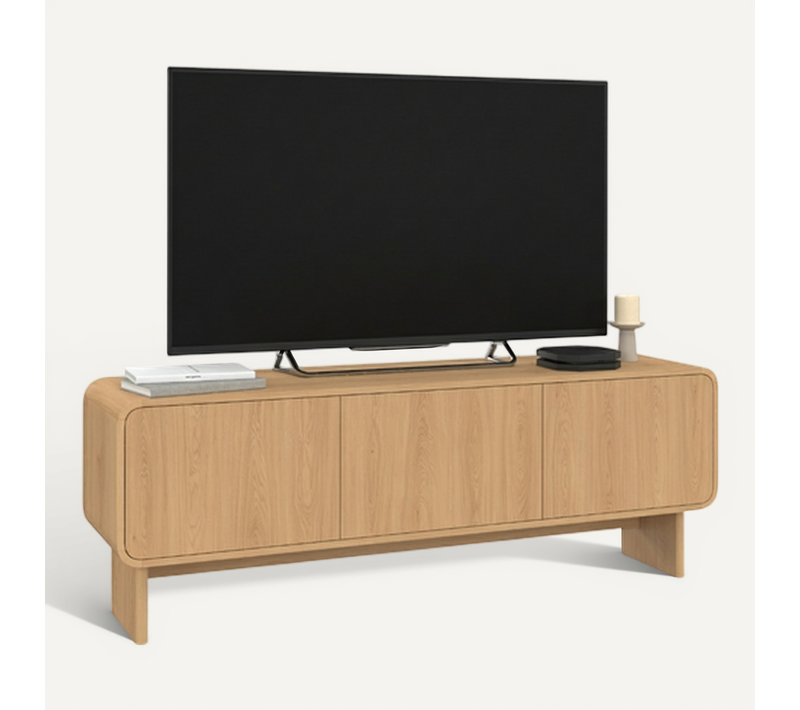 Meuble TV 140 Cm Capucine 3 Portes Façon Hêtre Design Arrondi
