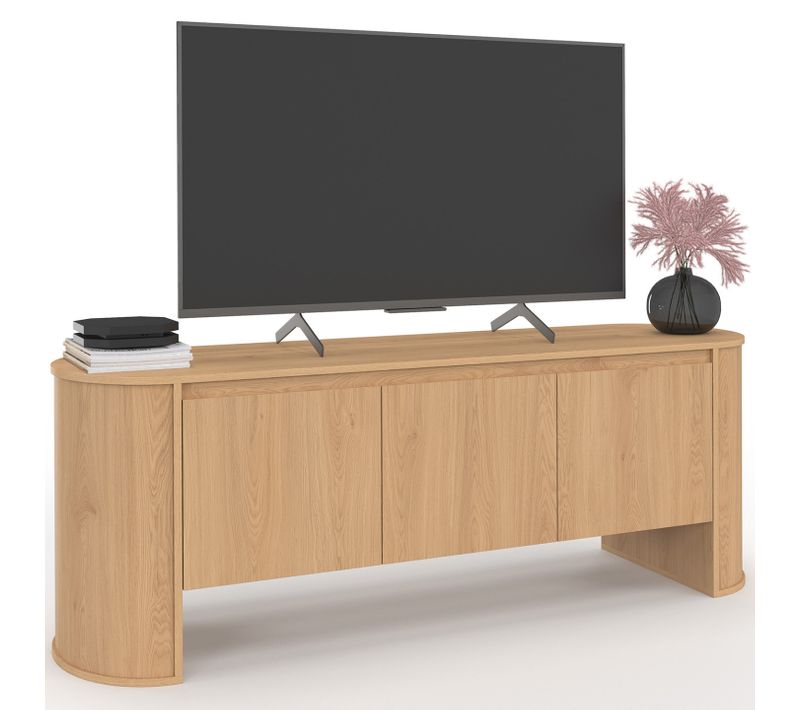 Meuble TV 140 Cm Divia 3 Portes Façon Hêtre Design Arrondi