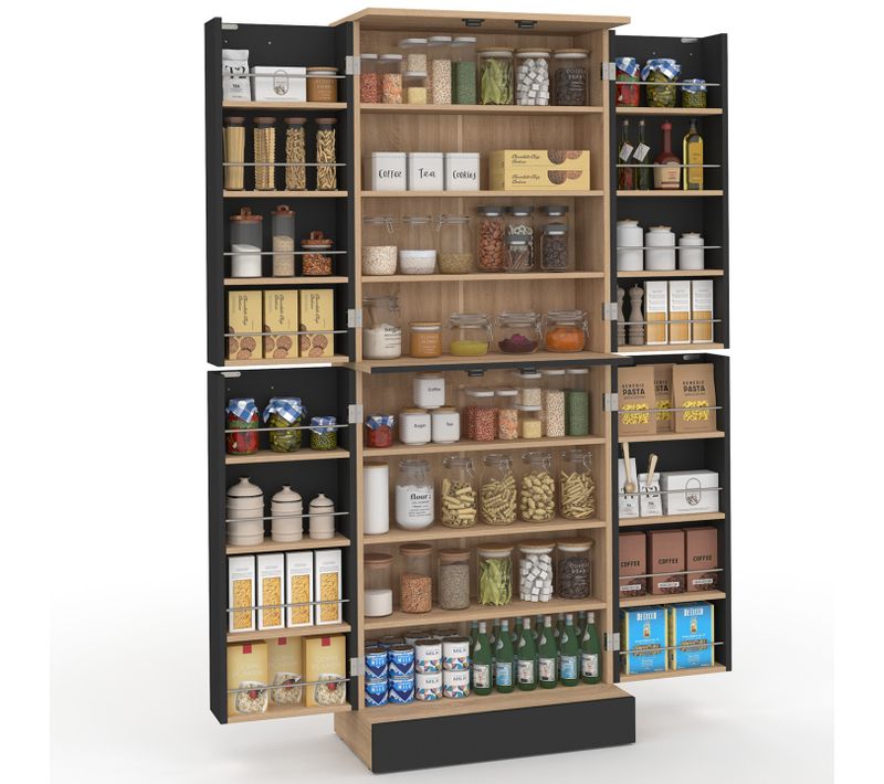 Buffet Haut Armoire De Cuisine H.160 Cm Alto 4 Portes Avec Rangements Façon Hêtre Et Noir