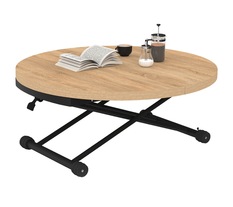 Table Basse Extensible Relevable En Table à Manger Ronde Altura 100-150 Cm Bois Et Noir Design Indus