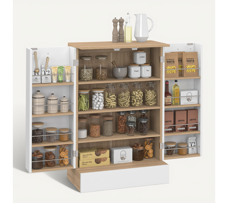 Buffet Bas De Cuisine Alto H.90 Cm Avec Rangements Blanc Et Bois