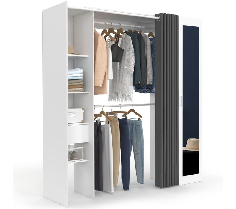 Dressing Extensible Meryl 145/170 X 50 X 180 Cm Blanc Avec Étagères + Double Penderie + Miroir + Rid