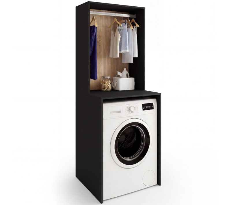 Meuble Dessus Machine à Laver Avec Penderie Wallis Noir Et Bois Façon Hêtre