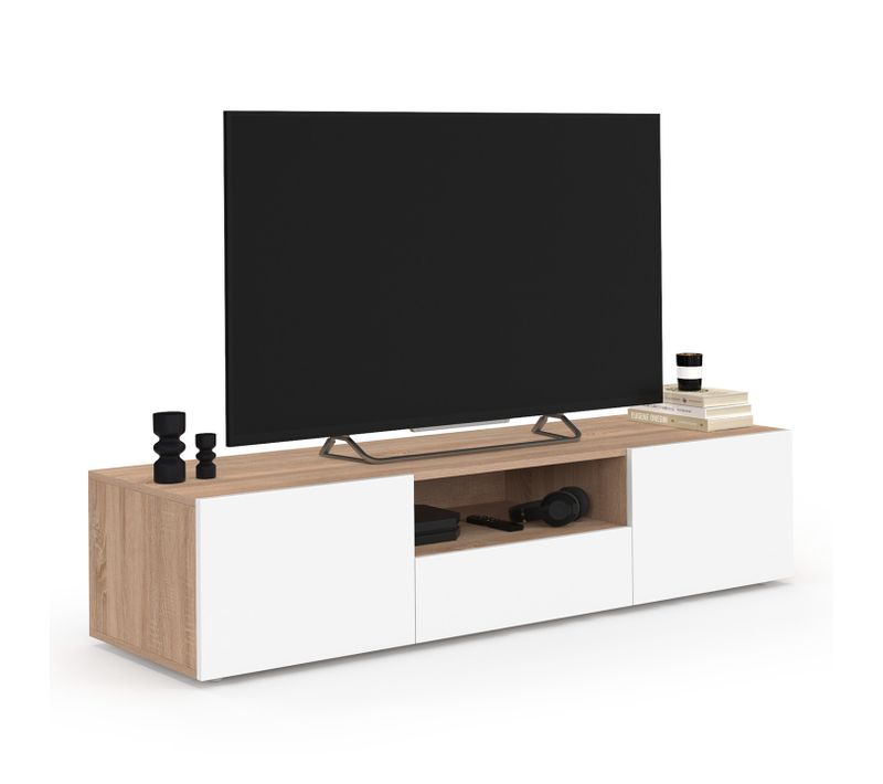 Meuble TV 140 Cm Eli Bois Façon Hêtre Portes Blanches