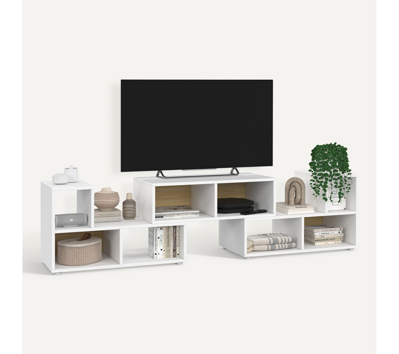 Meuble TV Combiné 3 Pièces Modulables Leonard Pour Salon Chambre Et Bureau, 140-205 X 30 X 43 Cm