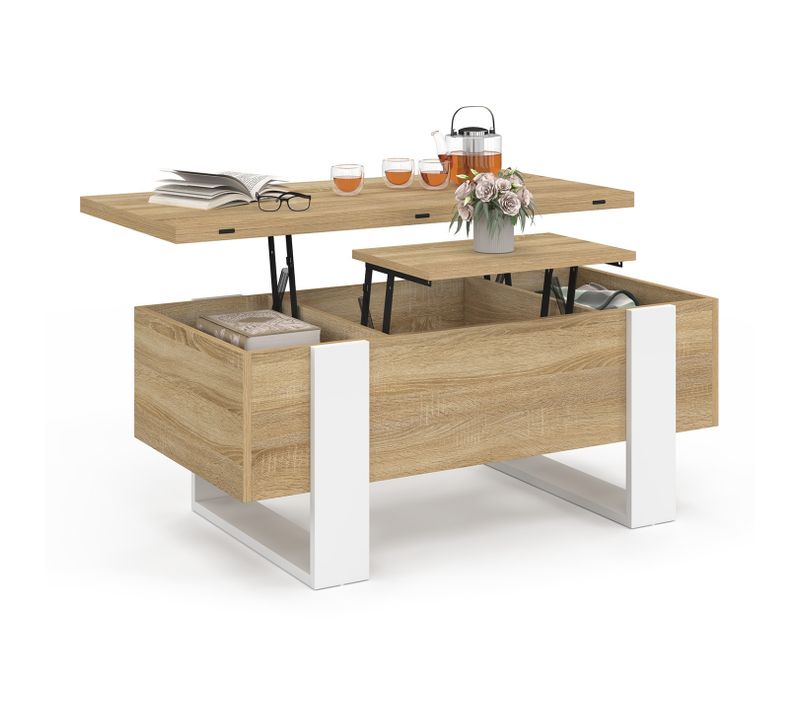 Table Basse Plateau Relevable Rectangulaire Convertible En Table à Manger Phoenix 97,5 Cm Bois Et Bl