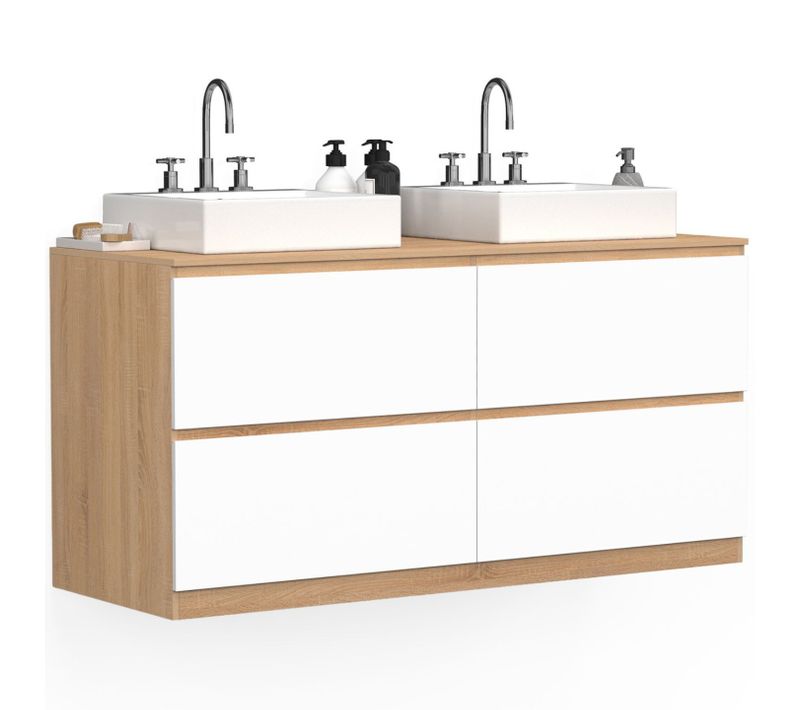 Meuble Double Vasque Suspendu Salle De Bain Tomi 120 Cm 4 Tiroirs Façon Hêtre Et Blanc