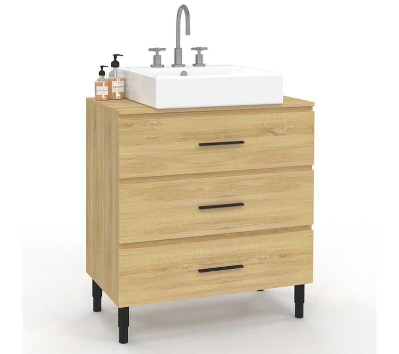 Meuble Sous Vasque 80 Cm Salle De Bain 3 Tiroirs Façon Hêtre Et Noir Avec Pieds Télescopiques
