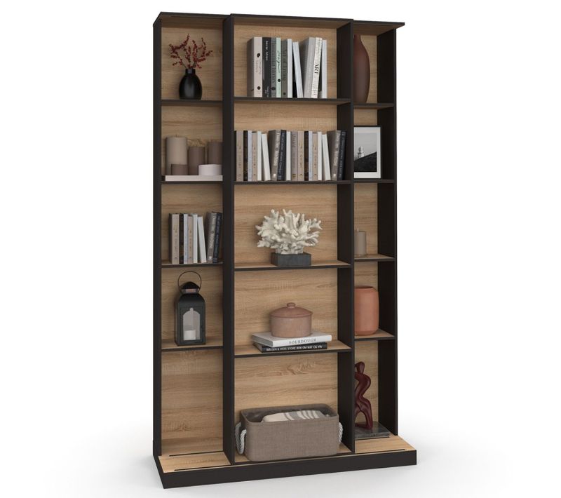 Bibliothèque Coulissante Alphonse 5 Niveaux 15 Niches Bois Et Noir