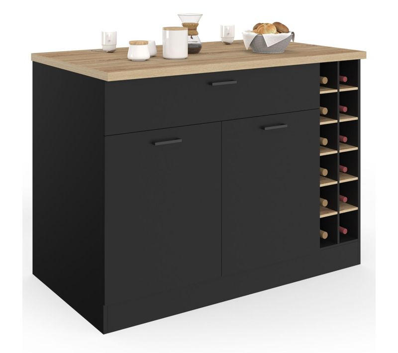 Ilot Central George Avec Range-bouteilles Placard Et Tiroir Bois Noir Avec Plan De Travail Façon Hêt