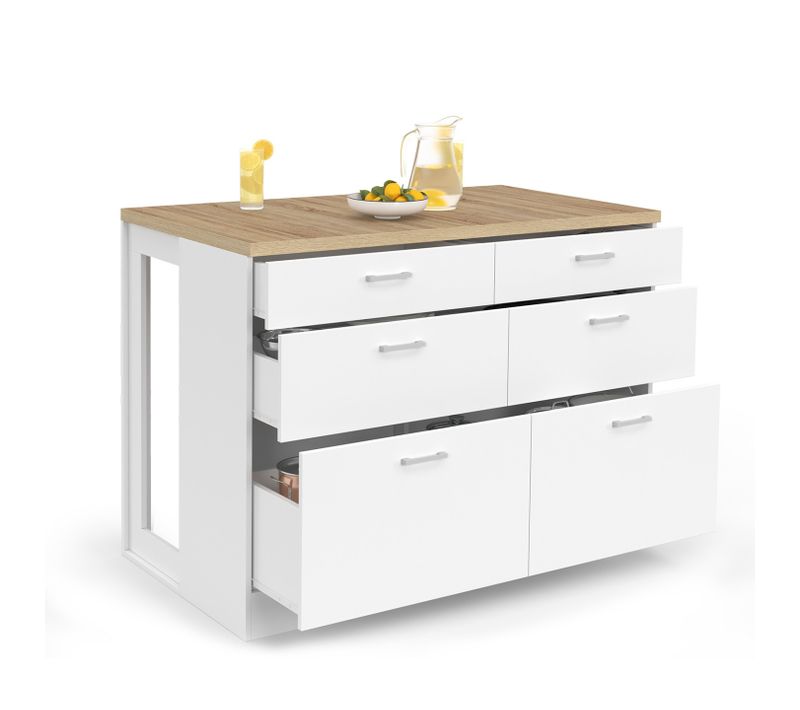 Ilot Central Mange-debout Orso 120 Cm Casserolier 6 Tiroirs Blanc Et Plateau Bois