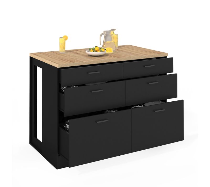 Ilot Central Mange-debout Orso 120 Cm Casserolier 6 Tiroirs Noir Et Plateau Bois