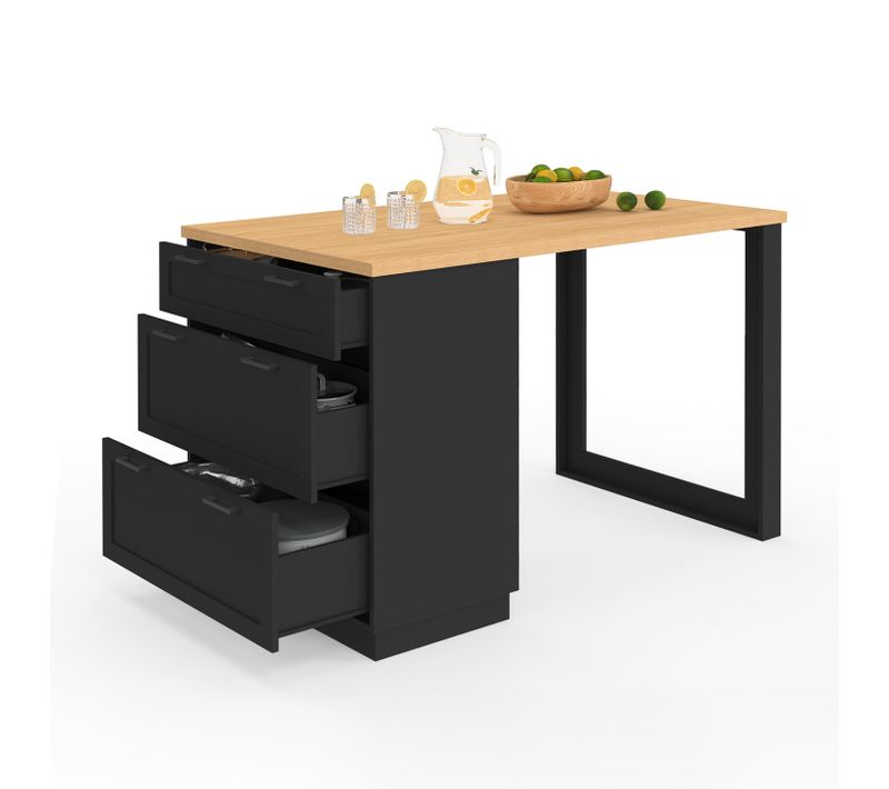 Ilot Central Mange-debout 4 Personnes Vito 130 Cm Casserolier 3 Tiroirs Noir Et Plateau Bois