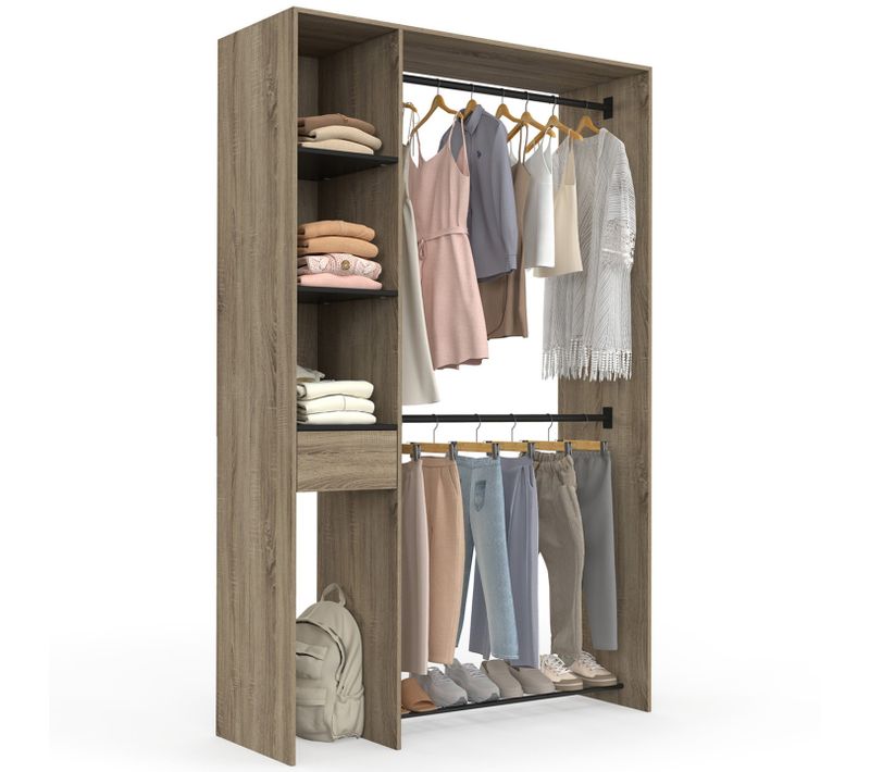 Dressing Double Penderie L. 110 Cm Mirty Avec Étagères + Tiroir + Rangements à Chaussures Hêtre Et N