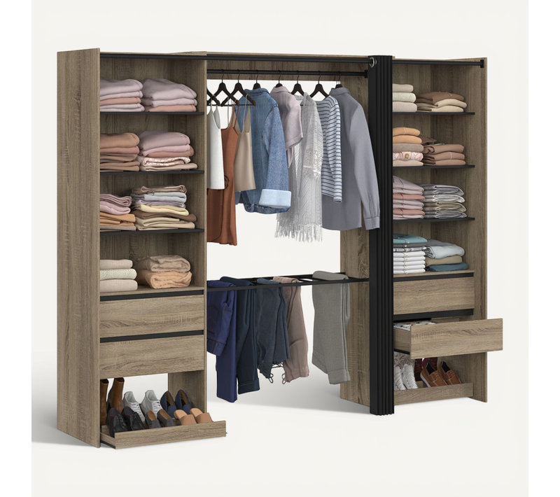 Dressing Double XXL Meryl 220 Cm Avec Porte Pantalons + étagères + Tiroirs + Rangements à Chaussures