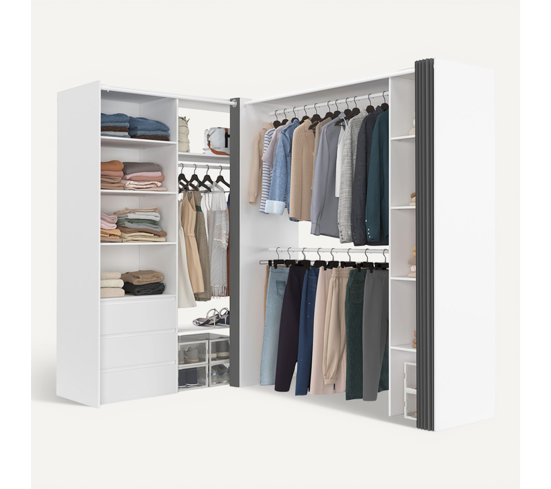 Dressing Extensible D'angle Marlon 200 X 150 X 180 Cm Cm Blanc Avec Penderies + Tiroirs + étagères +