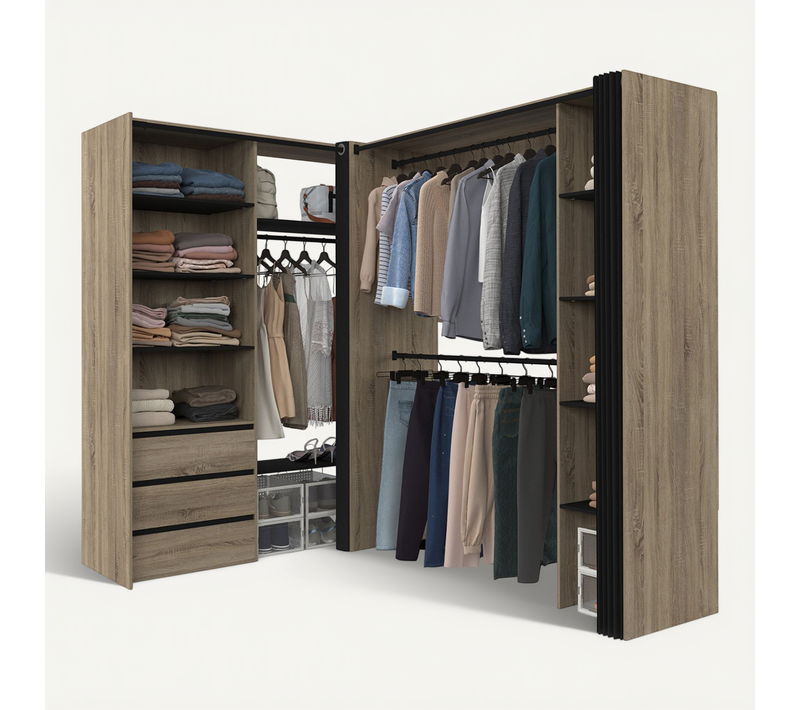 Dressing Extensible D'angle Marlon 200 X 150 X 180 Cm Hêtre Avec Penderies + Tiroirs + étagères + Ri
