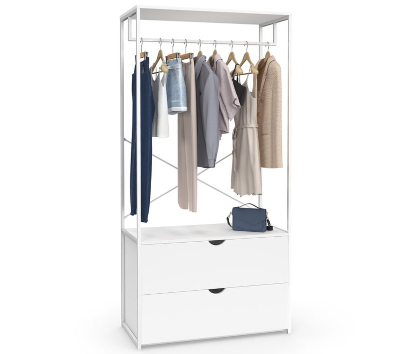 Dressing Penderie 2 Tiroirs L. 80 Cm Brooklyn Bois Blanc Et Métal Blanc