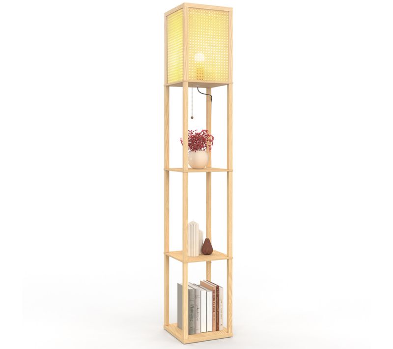 Lampadaire Naturel En Bois Clair Avec étagères Et Abat-jour Carré Effet Cannage