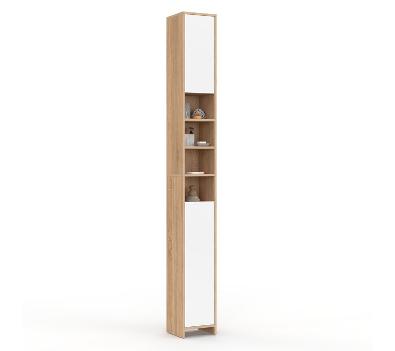 Meuble Colonne Salle De Bain Tomi 2 Portes 4 Niches Façon Hêtre Et Blanc