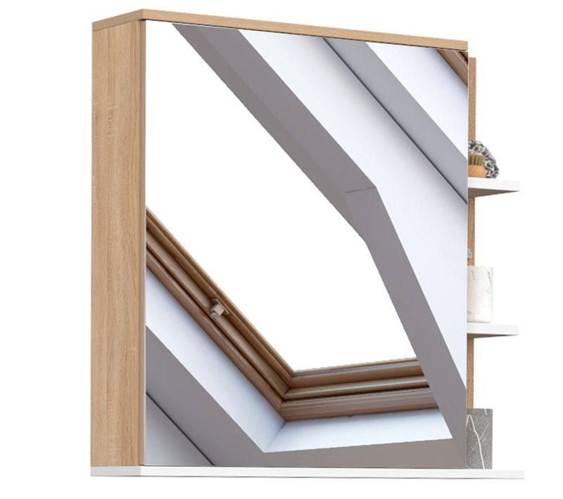 Meuble De Rangement Suspendu Avec Miroir Et étagères Pour Salle De Bain Tomi Façon Hêtre Et Blanc