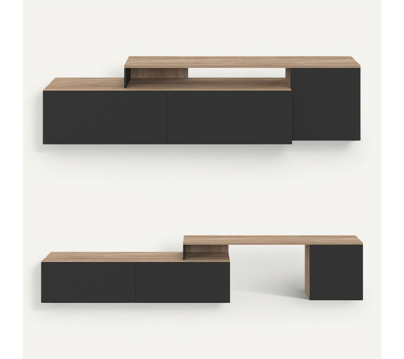 Meuble TV 140-180 Cm Modulable D'angle Basile Rotatif Bois Et Noir