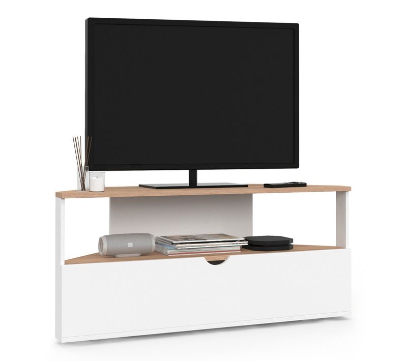 Meuble TV 100 Cm D'angle Eli Bois Façon Hêtre Et Blanc